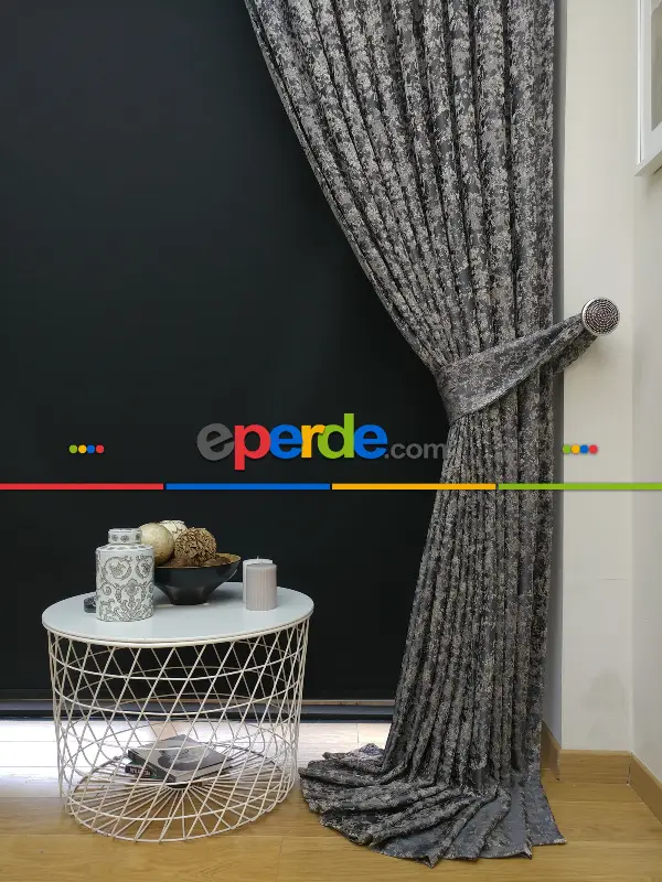 Patine Desenli Krem Antresit Desenli Jakar Fon Perde (180cm En)- Antrasit