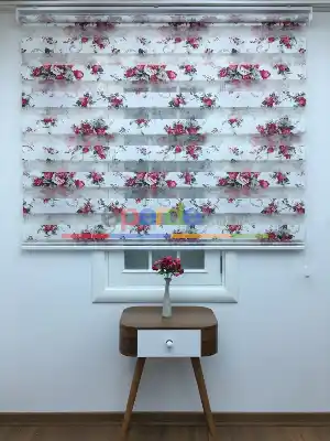 %40 Indirimli !!! Çiçek Desen Pembe-gri Zebra Perde- Siyah-füme-fuşya