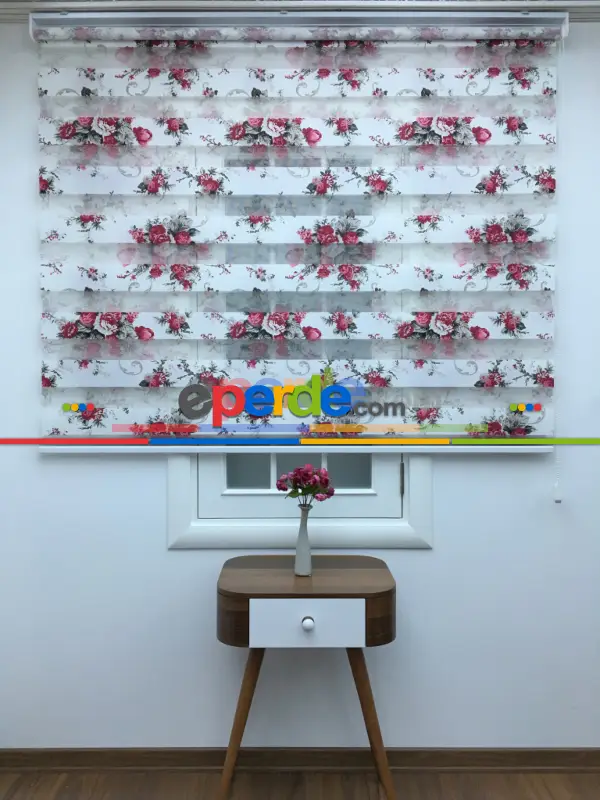 %40 Indirimli !!! Çiçek Desen Pembe-gri Zebra Perde- Siyah-füme-fuşya