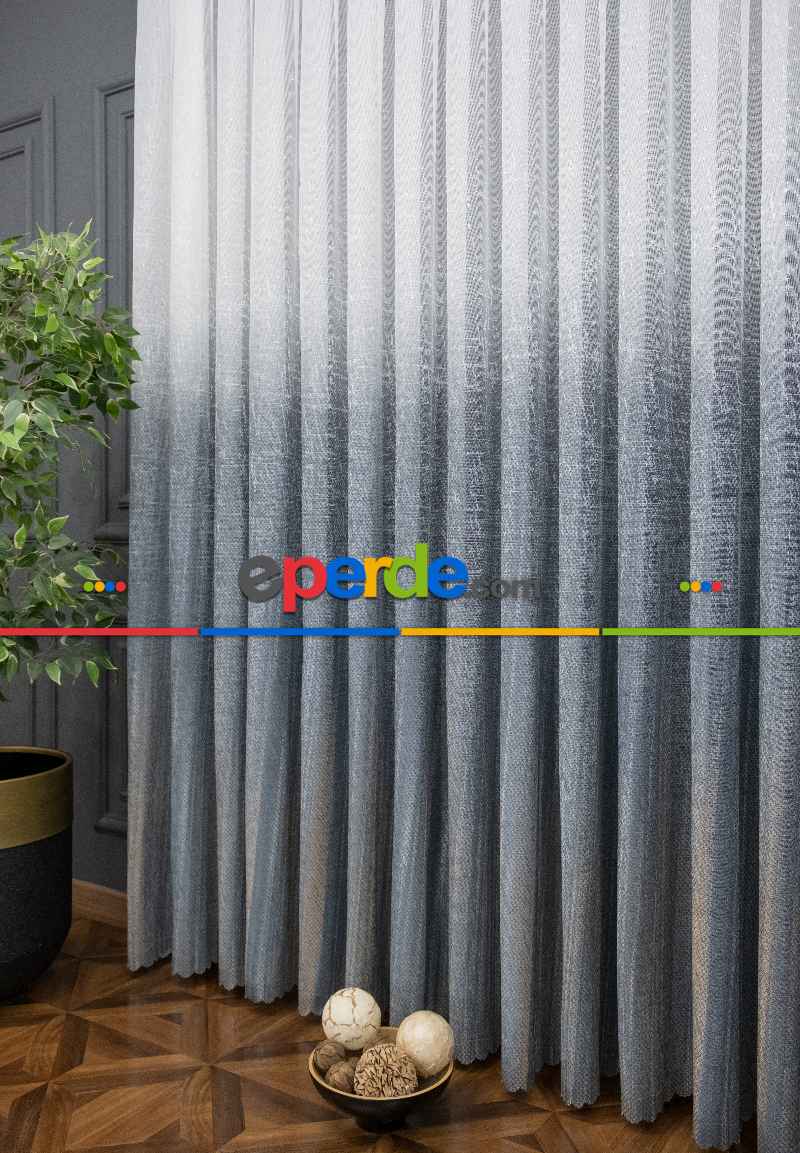 Gri Modern Degrade Geçişli Dantel Tül - Yüksek Kalite - Mavimsi Gri Damascus -