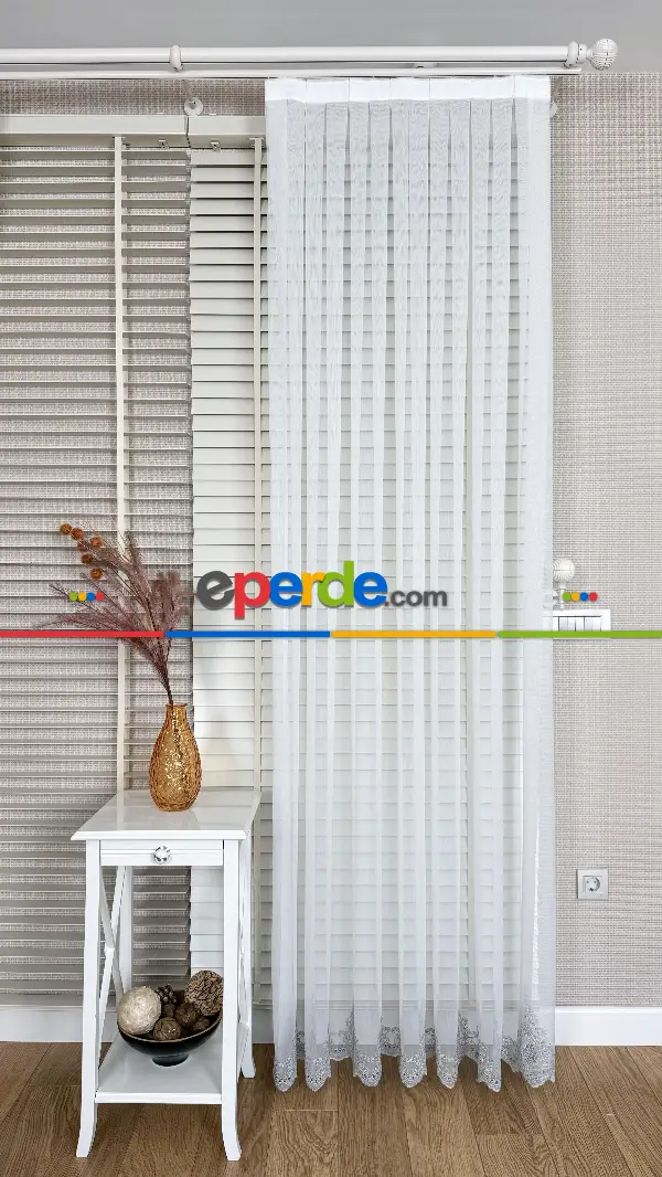 Ekru Etek Ucu Özel İplik Gri Damask Brode İşlemeli Tül Perde - Ağır Gramajlı Premium Nakışlı