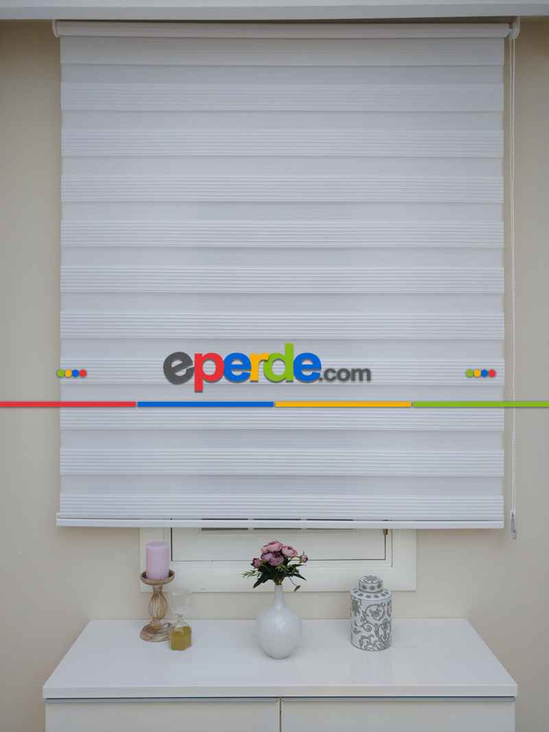 Oturma Odası - Beyaz Geniş Düz Plise Zebra Perde-wide Pile- Beyaz