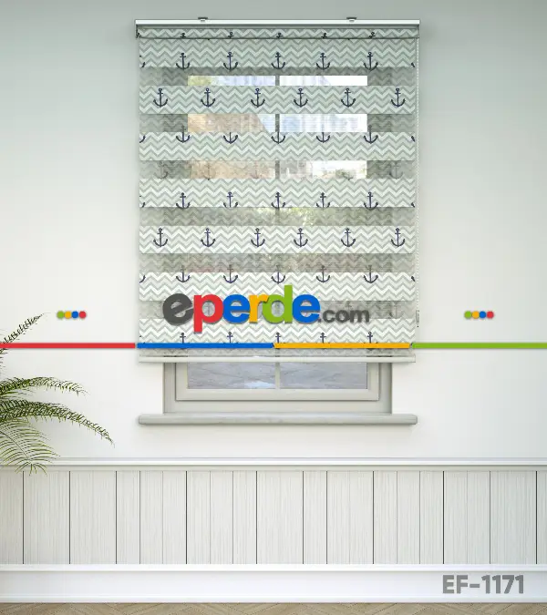 Bebek Odası Zebra Perde - Çapa Baskılı Zebra Perde- Beyaz-Mor-Su Yeşili