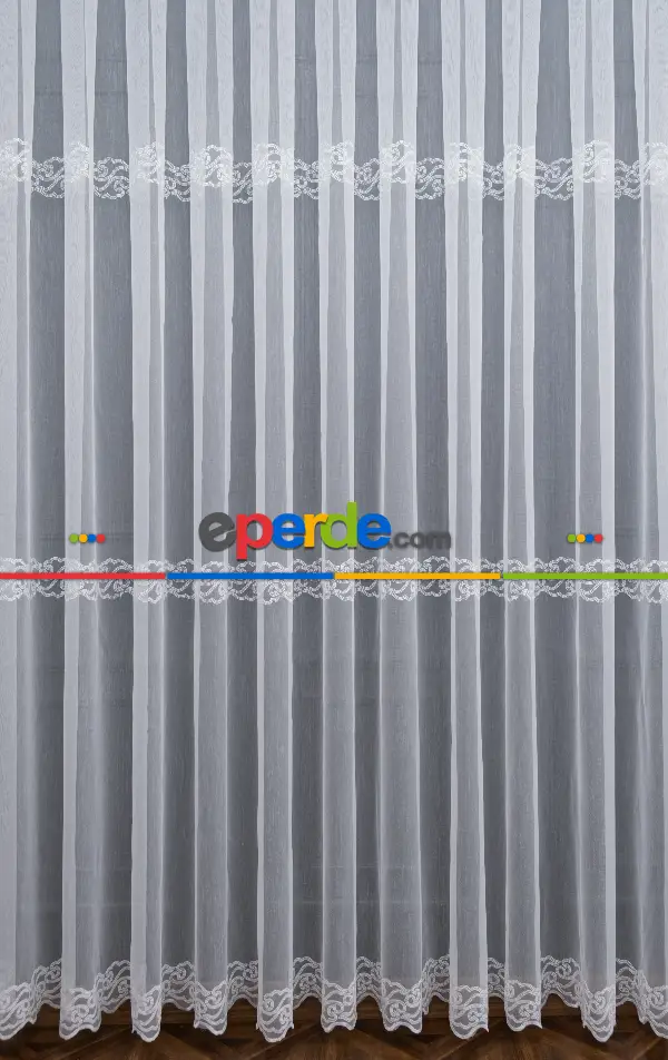 Hafif Keten Zemin Etek Ucu Desenli Tül Perde - Ütü İstemez - Ekru Kırık Beyaz Açık Krem - Modern Bantlı