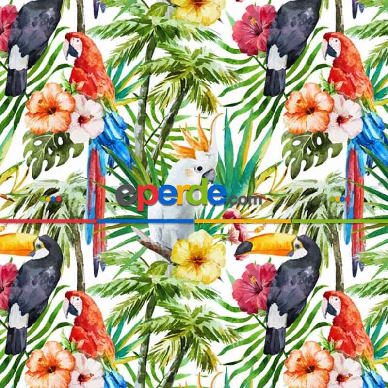 Tropikal Desenli Fon Perde K485 T - Kumaşı Kalındır Duck Bezi Değildir.- Yeşil-Çok Renkli