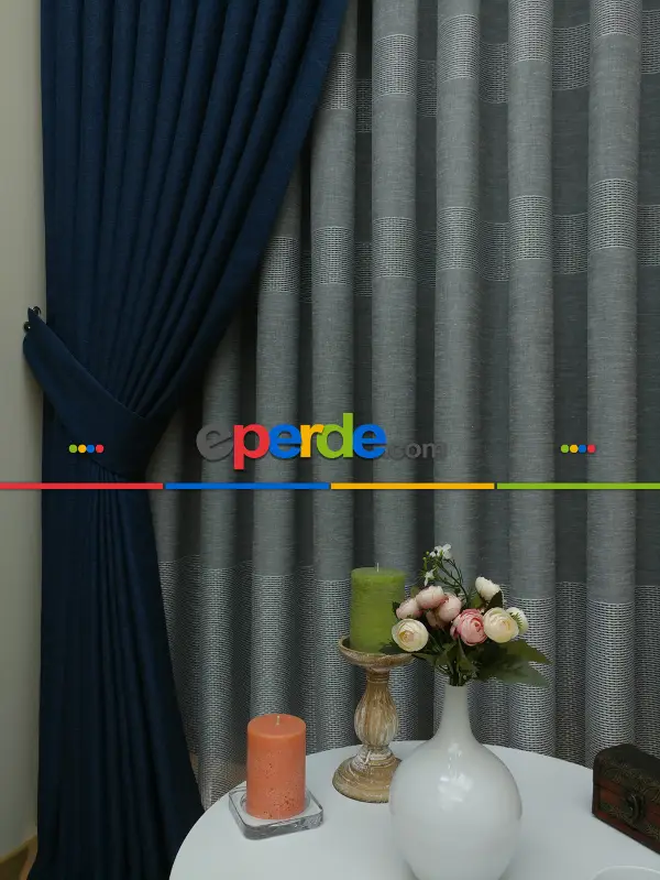 Salon Fon - Keten Lacivert Renk Düz Fon Perde- Lacivert