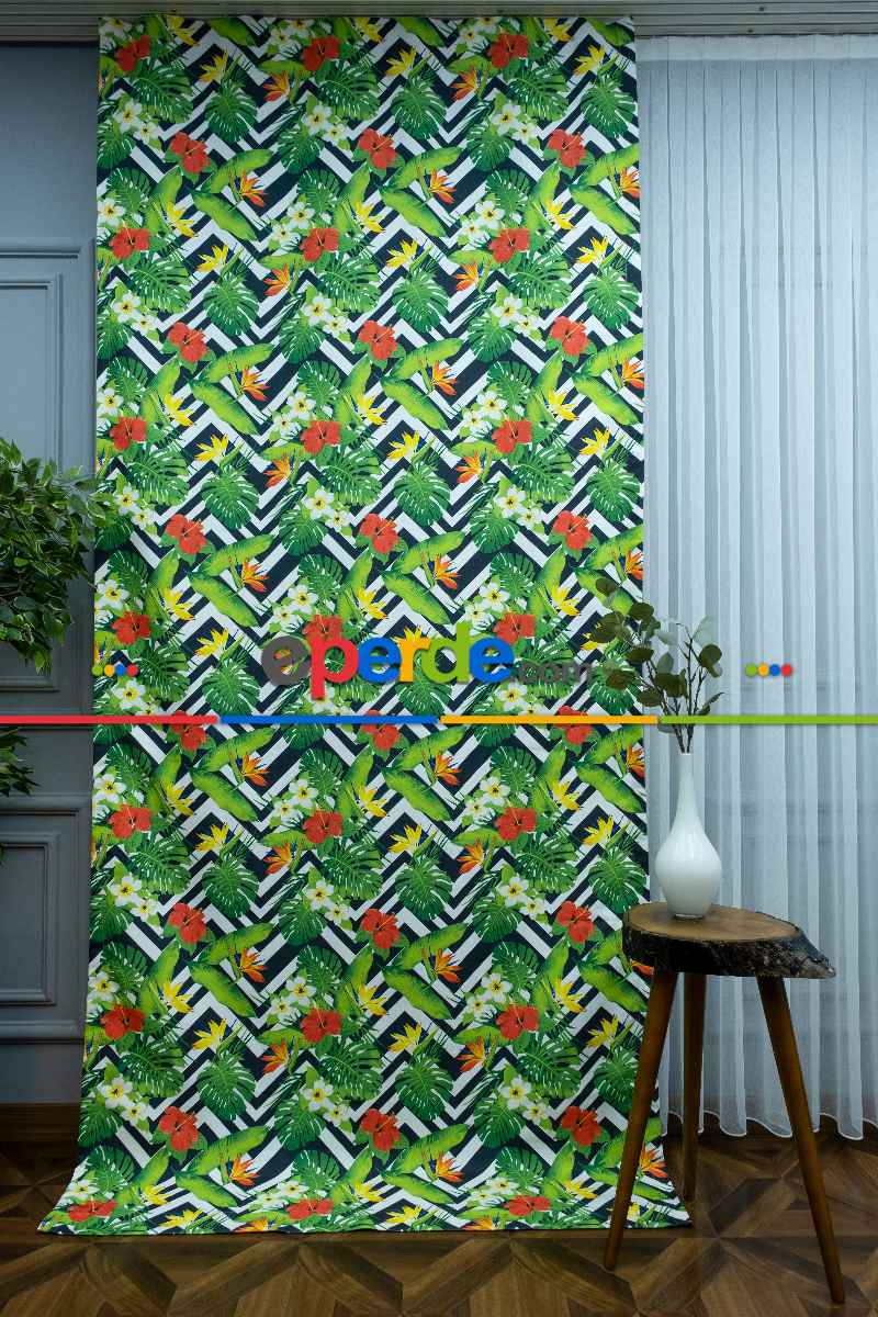 Çiçek Desenli Fon Perde Kumaşı Kalındır Duck Bezi Değildir- Yeşil-Kırmızı-Beyaz