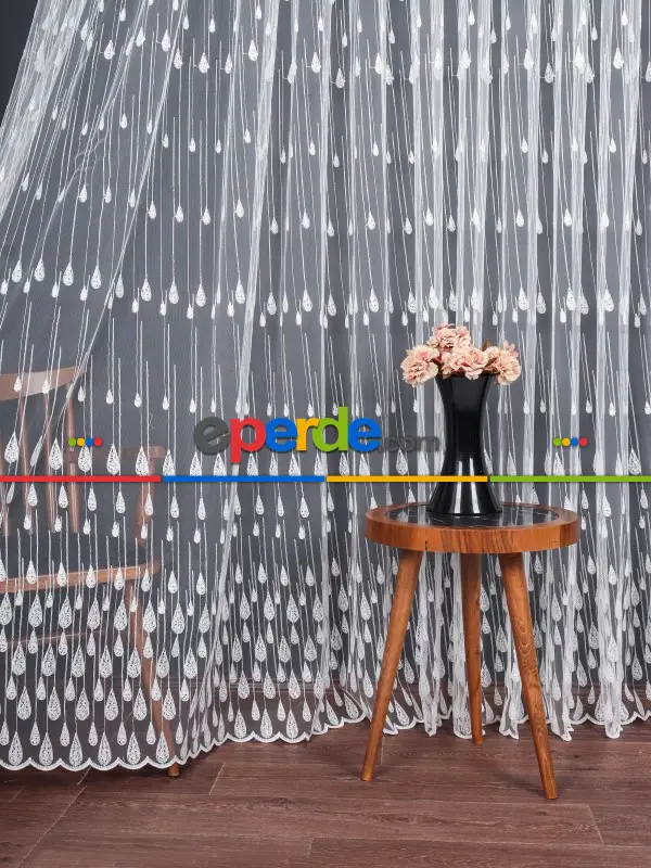 Damlacık Desenli Brode İşlemeli Tül Perde