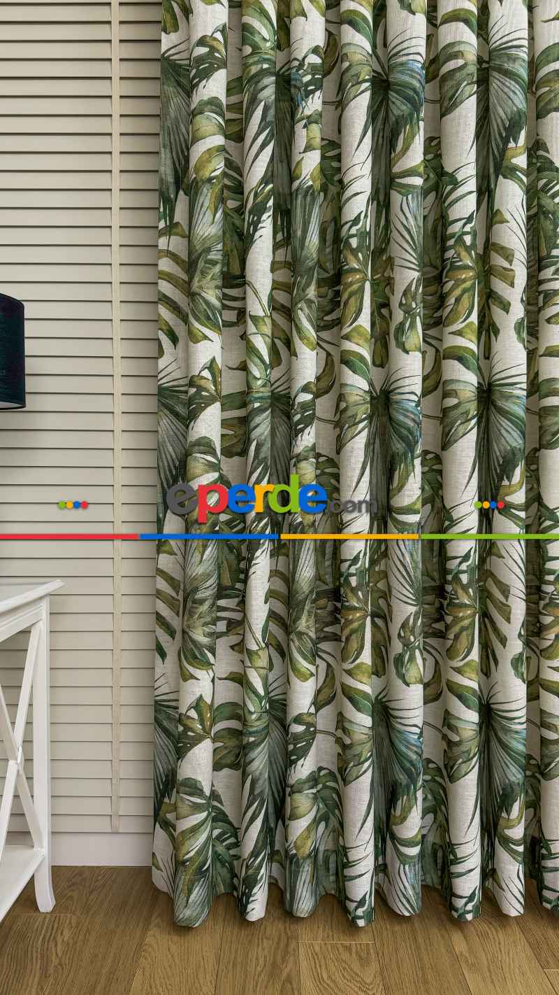 Bej Yeşil Tropikal Desenli Keten Fon Perde - Premium Kalite Serisi Ağır Gramajlı