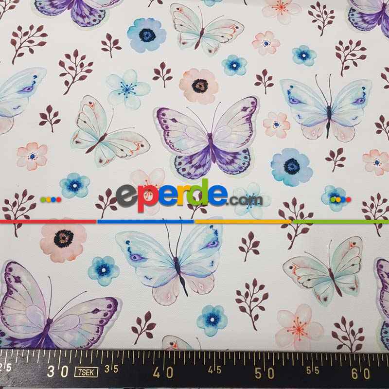 Kelebek Ve Çiçek Desenli Fon Perde Evm815 Kumaşı Kalındır Duck Bezi Değildir- Beyaz