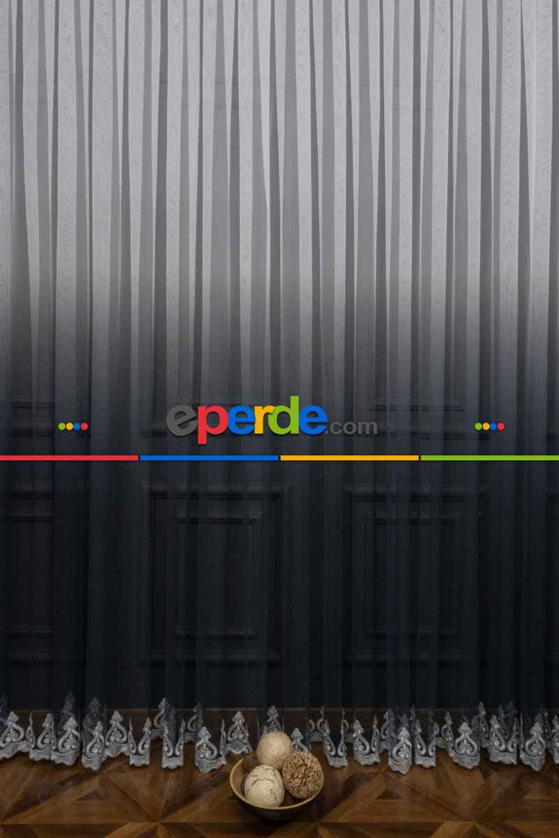 Antrasit Gri Renk Geçişli Etek Nakışlı Degrade Tasarım Tül Perde