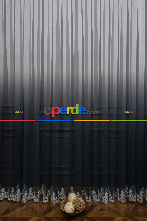 Salon Tül - Koyu Lacivert Renk Etek Nakışlı Geçişli Tül Perde- Petrol Mavisi