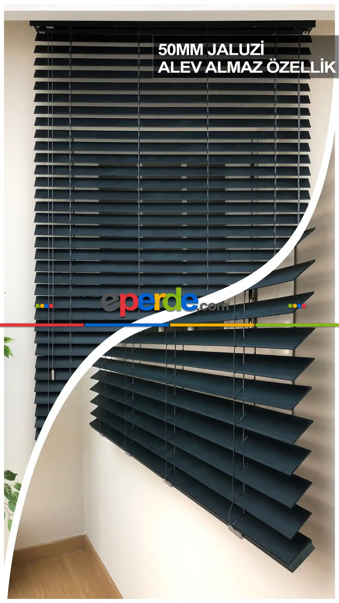 50mm Siyah Ahşap Efektli Jaluzi Perde Alev Almaz Özellik- Siyah
