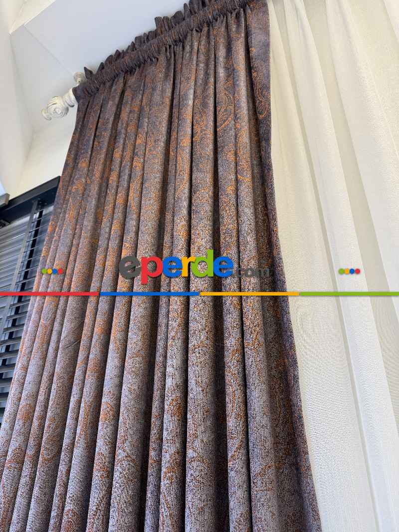 Yatak Odası - Mürdüm Kiremit Jakar Dokuma Fon Perde, Premium Seri Ağır Gramajlı