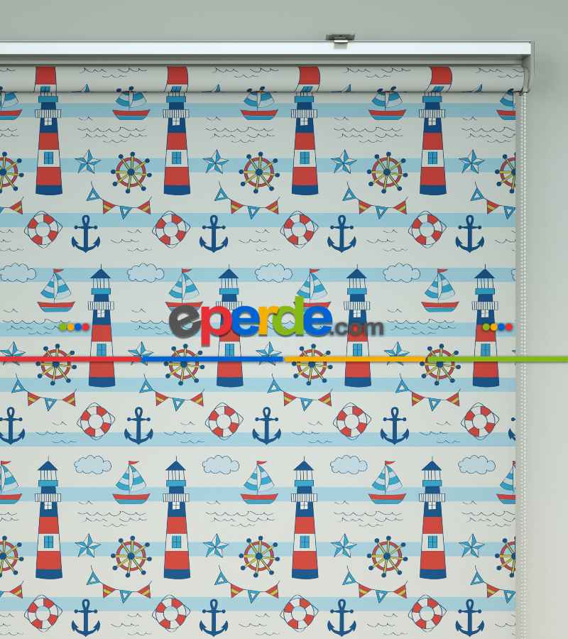 Çapa Baskılı Stor Perde- Mavi-kırmızı-beyaz