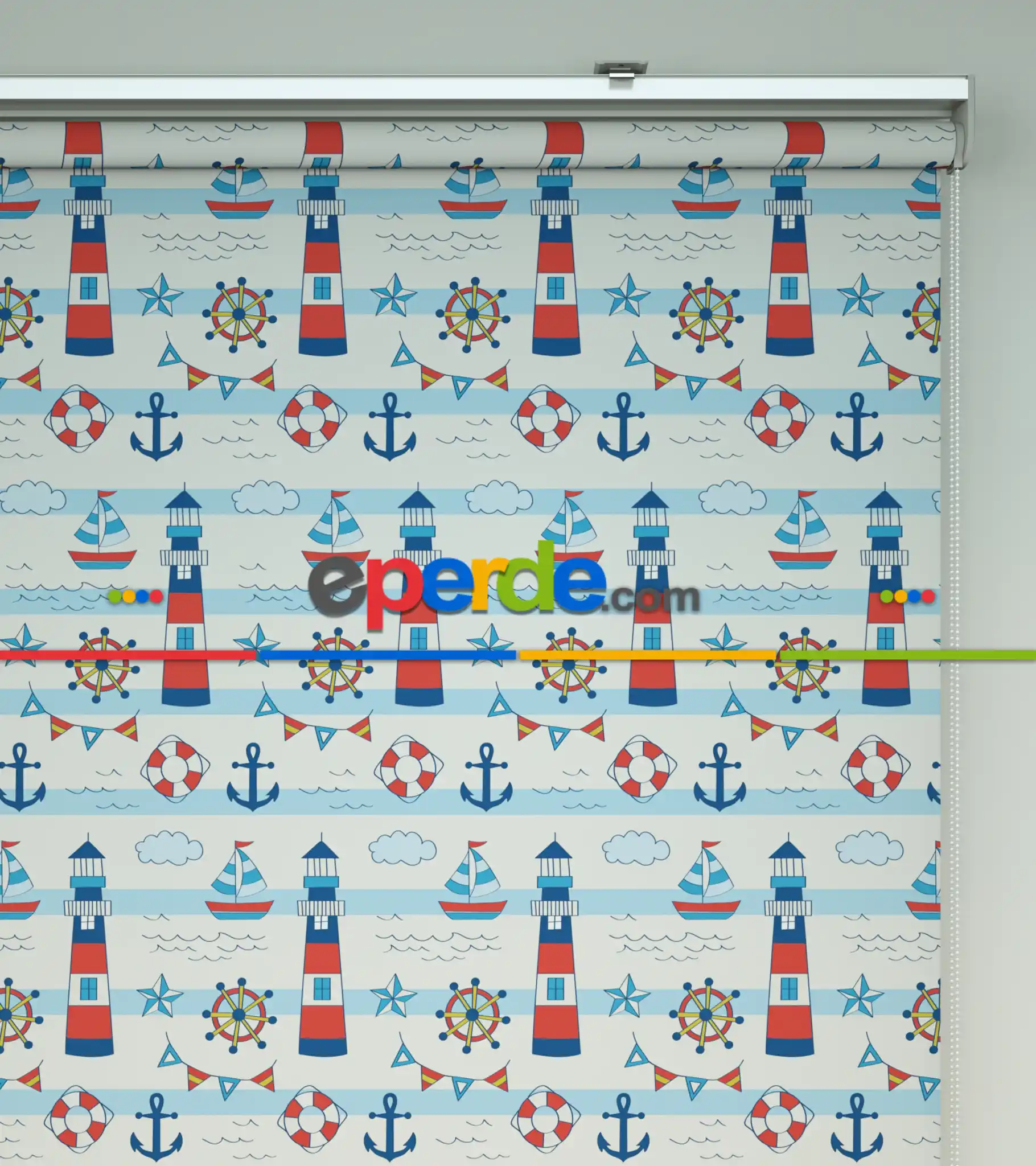 Bebek Odası Stor Perde - Çapa Baskılı Stor Perde- Mavi-Kırmızı-Beyaz