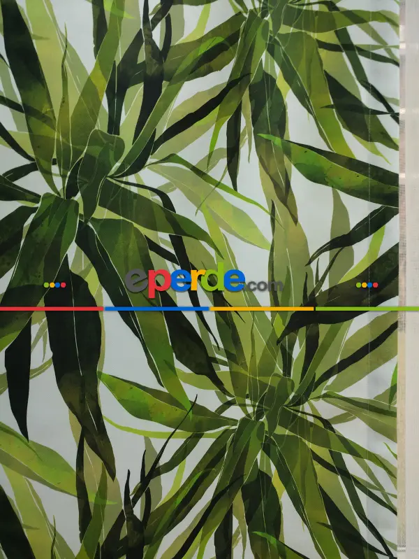 Tropikal Yapraklı Dekoratif Fon Perde Kumaşı- Kumaşı Kalındır- Yeşil-Beyaz