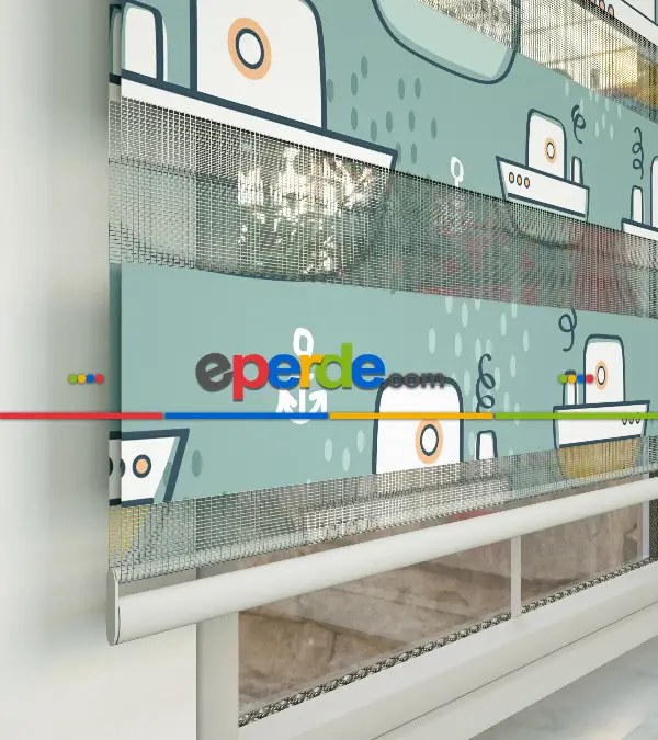 Bebek Odası Zebra Perde - Gemi Desen Baskılı Zebra Perde- Çok Renkli