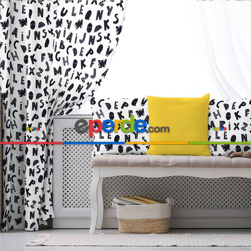 Harf Desenli Fon Perde Evim899 Kumaşı Kalındır Duck Bezi Değildir- Mavi-beyaz