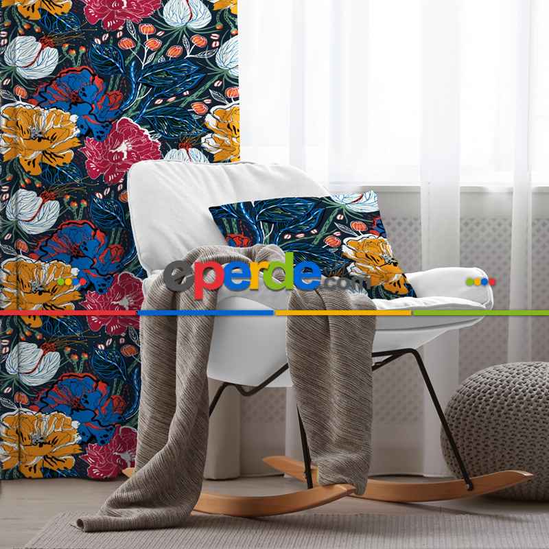 Tropik Desenli Fon Perde Evim611 Kumaşı Kalındır Duck Bezi Değildir- Mavi-beyaz