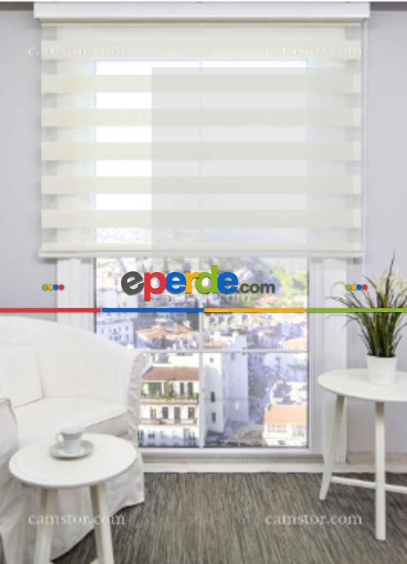 Mutfak- Ekru Mikro Pilise Zebra Perde- Beyaz-ekru