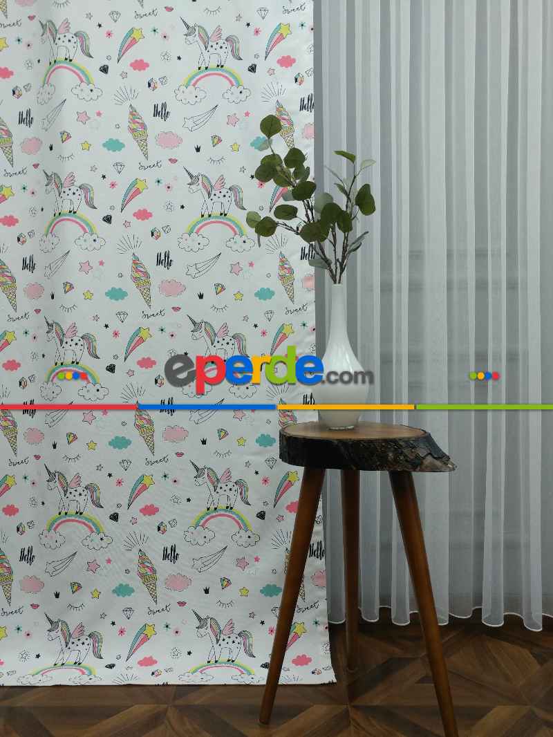 Unicorn Desenli Fon Perde Evm681 Kumaşı Kalındır Duck Bezi Değildir- Siyah-Beyaz-Pembe