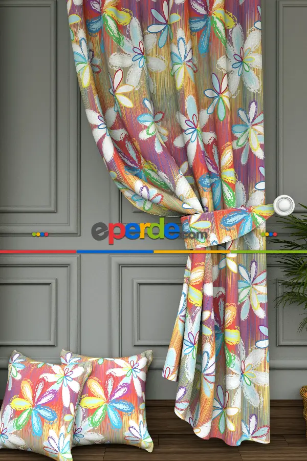 Dökümlü Kumaştan Rengarenk Çiçek Baskılı Fon Perde