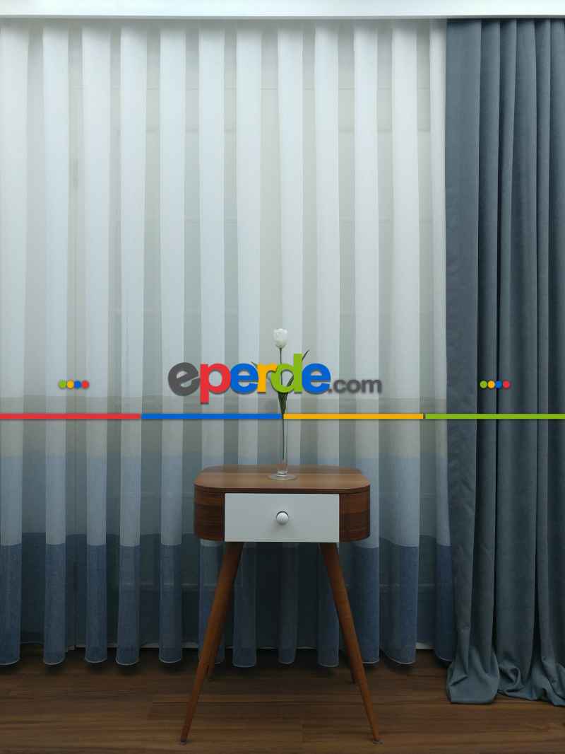 Oturma Odası - Keten Tül Degrade Perde- Mavi-krem