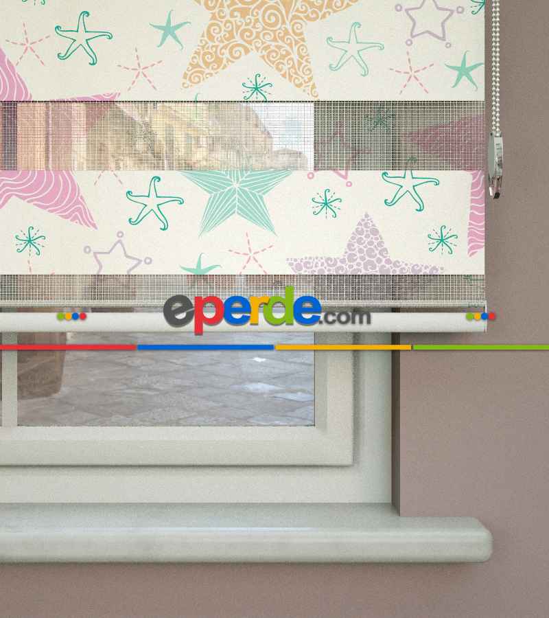 Yıldız Desenli Baskılı Zebra Perde- Çok Renkli