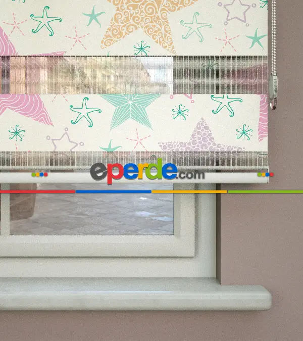 Yıldız Desenli Baskılı Zebra Perde- Çok Renkli