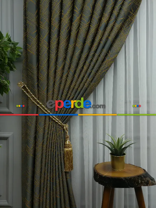 Jakar Desenli Fon Perde- Füme-hardal Sarısı