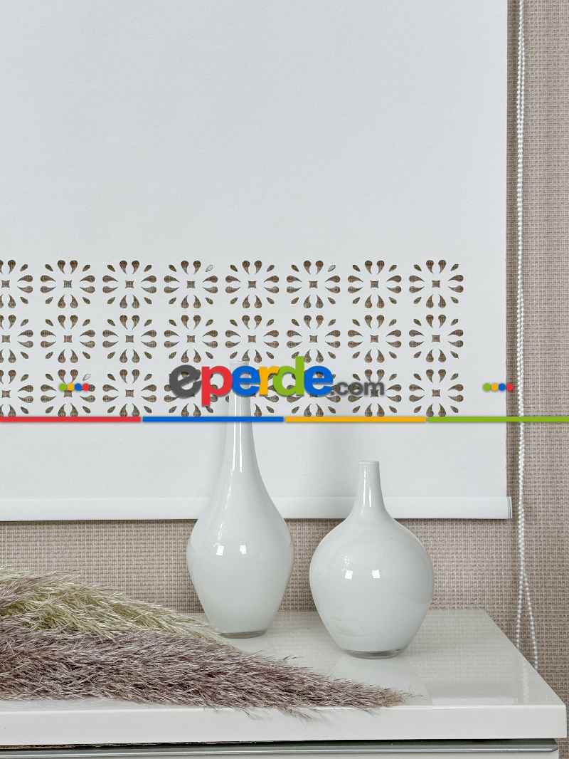 Salon Ekru Lazer Kesimli Stor Perde ( Lazer Kesim Fiyata Dahildir) Metal Kasalı - Yüksek Kalite - Kornişe Kolay Montaj Seçenekli