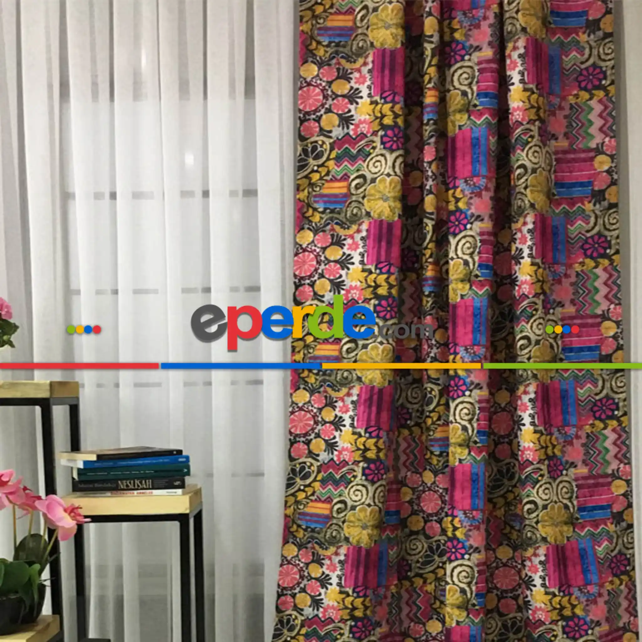 Çiçek Desenli Fon Perde Kumaşı Kalındır Duck Bezi Değildir-  Çok Renkli 2