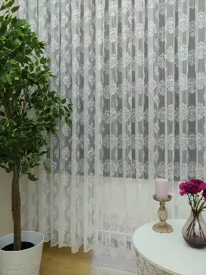 ( Orjinal ) Damask Desen Salon Fransız Dantel Tül Perde & Kruvaze Perde- Ekru