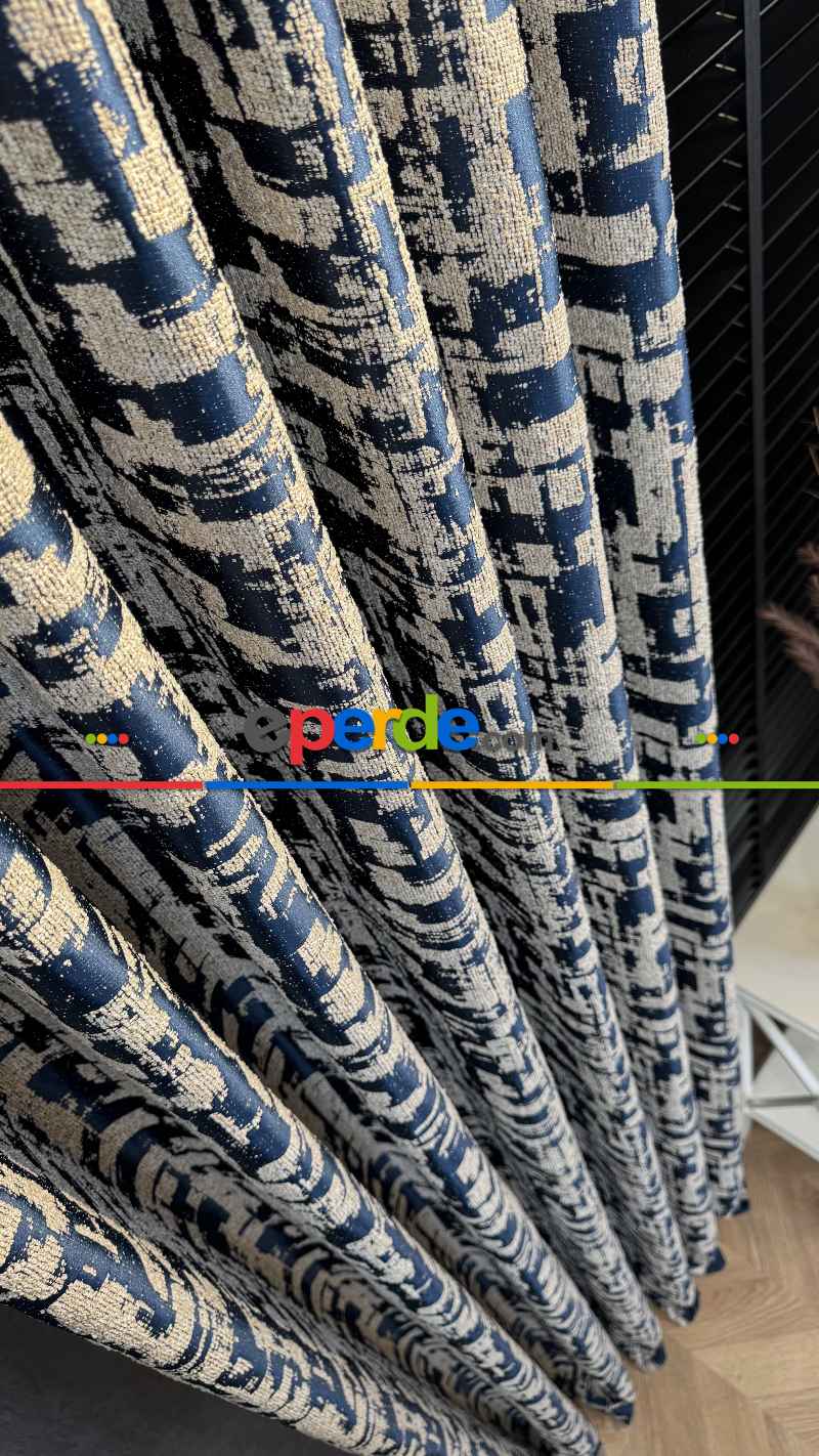 Bej Lacivert Jakar Dokuma Fon Perde