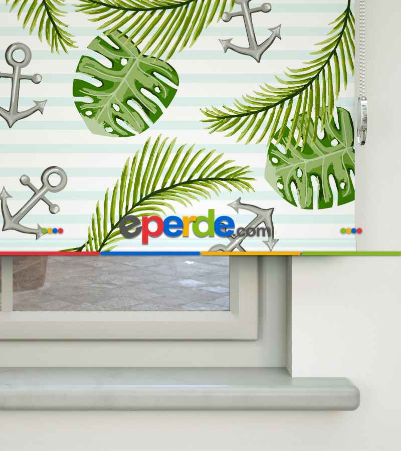 Çapa Desenli Baskılı Stor Perde- Yeşil-mavi-gri-füme-antrasit-çok Renkli