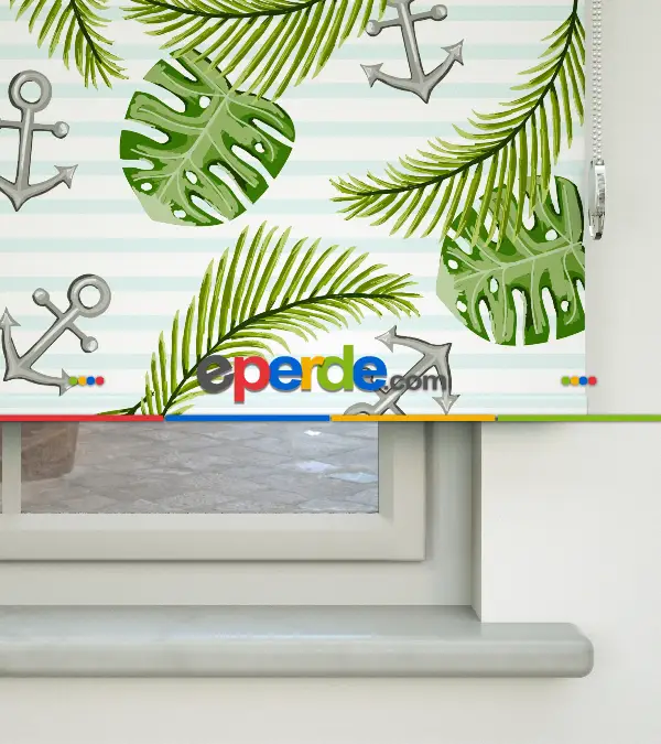 Çapa Desenli Baskılı Stor Perde- Yeşil-mavi-gri-füme-antrasit-çok Renkli