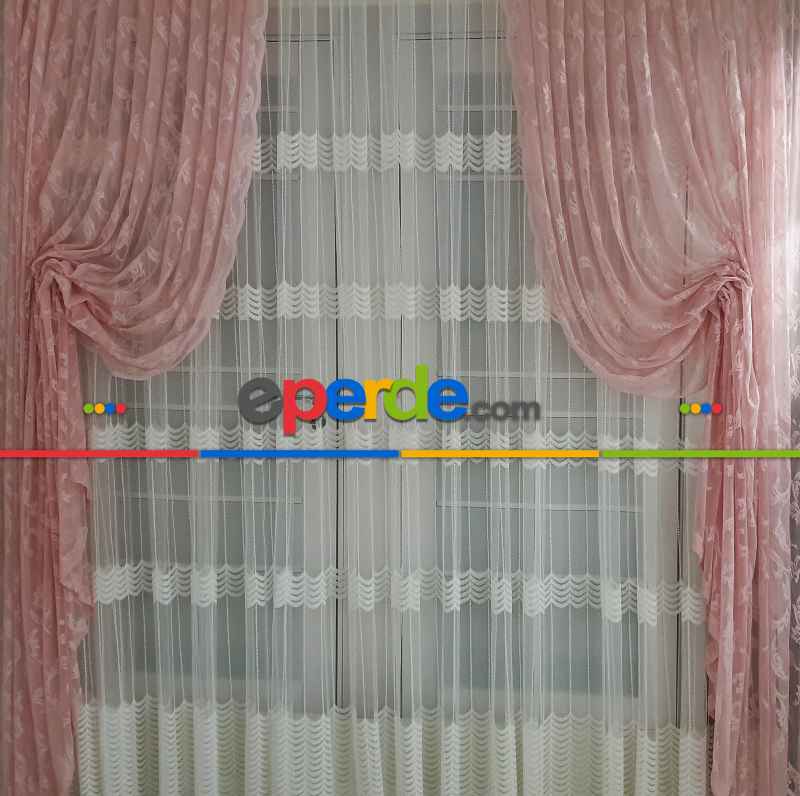Salon - Tül Fon Pembe Fon Perde- Pembe 70cm X 270cm 