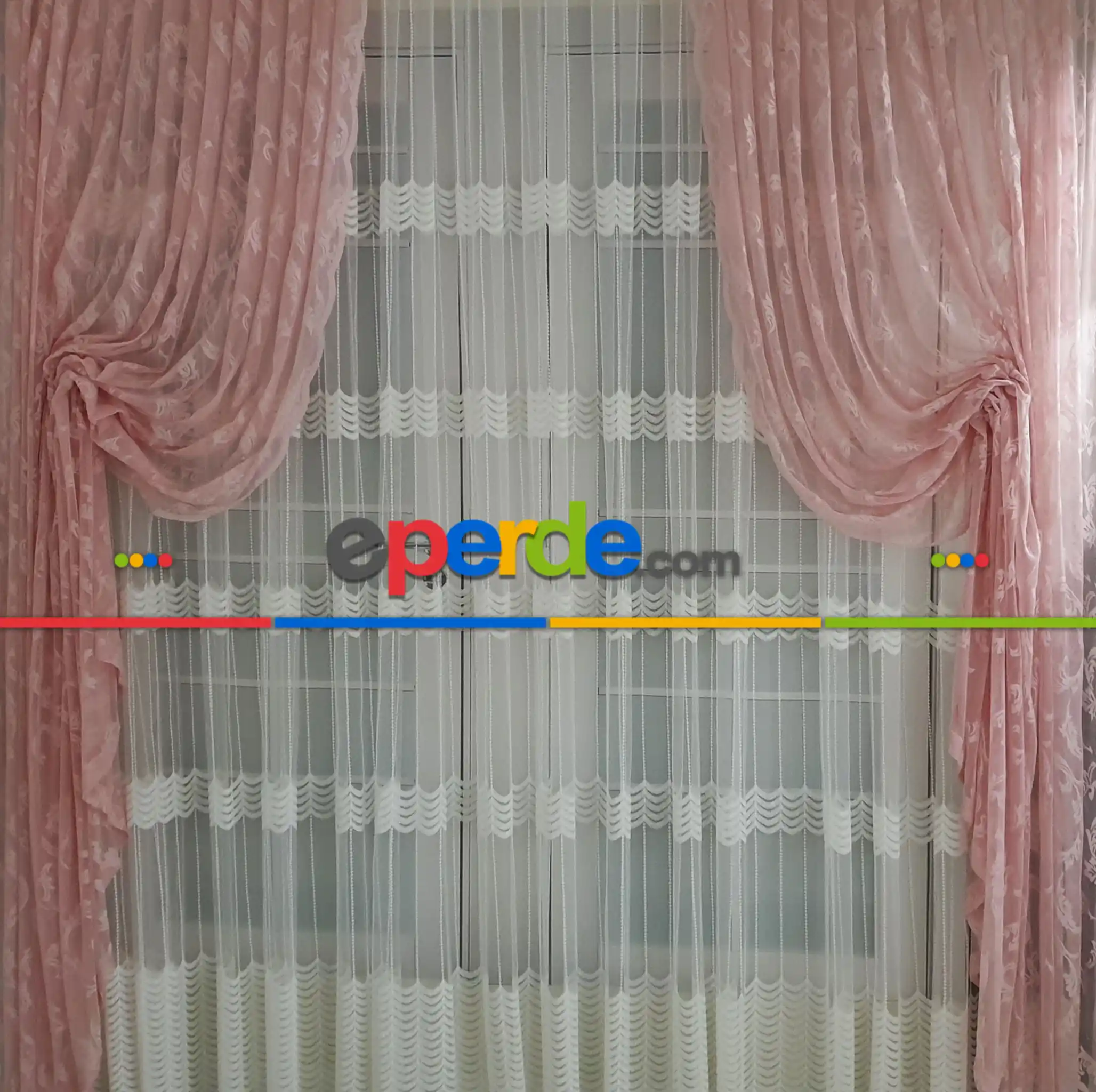 Tül Fon Pembe Renk Büzgülü Yeni Tasarım Penbe Moda Fon Perde- Pembe 70cm X 270cm 