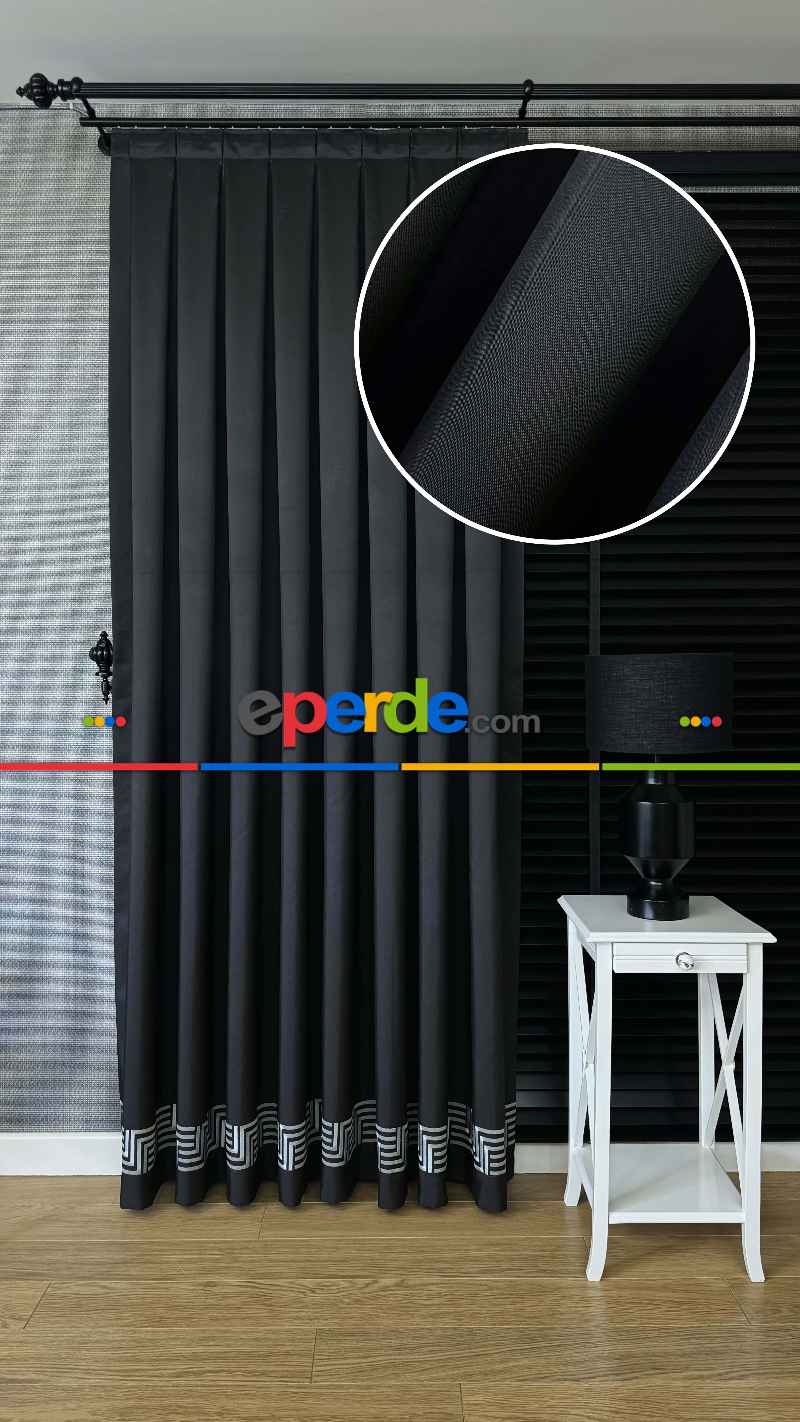 Siyah Etek Ucu Gümüş Nakış İşlemeli Bordür Jakar Dokuma Fon Perde