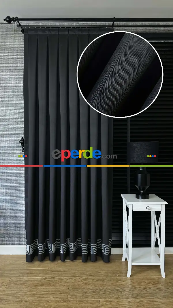 Siyah Etek Ucu Gümüş Nakış İşlemeli Bordür Jakar Dokuma Fon Perde