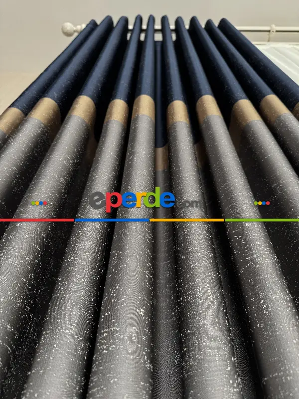 Yatak Odası - Koyu Lacivert Gri Gold Jakar Dokuma Fon Perde, Parlak Zemin