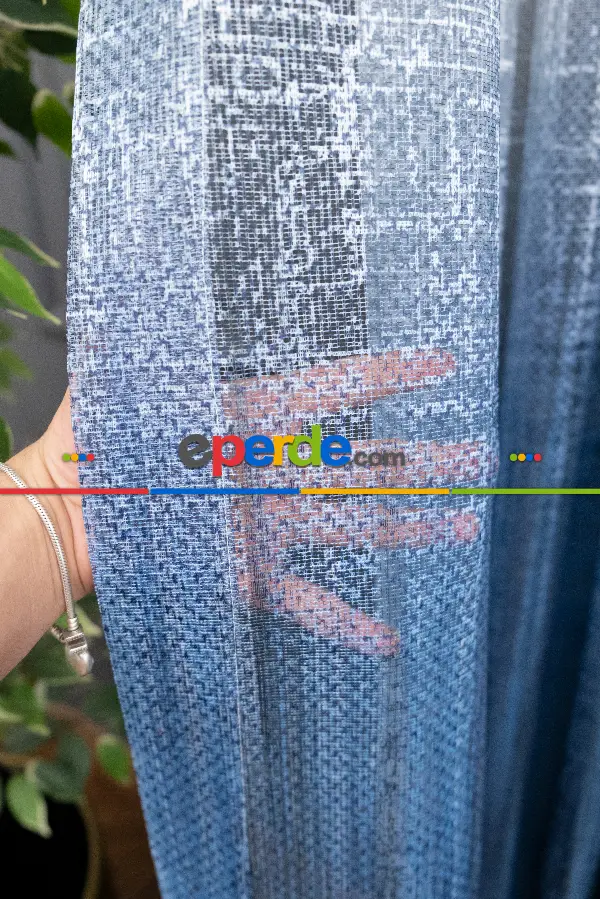 Modern Mavi Desenli Degrade Geçişli Tül - Örme Dantel Tül