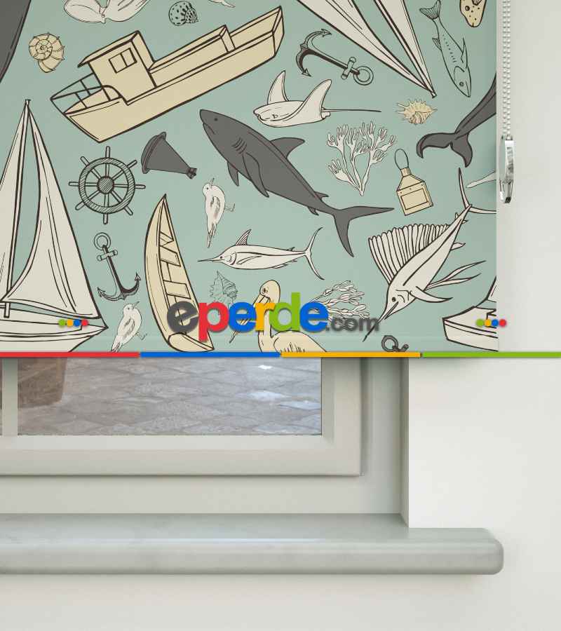 Denizci Desenli Baskılı Stor Perde- Çok Renkli