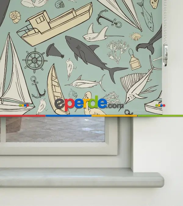 Denizci Desenli Baskılı Stor Perde- Çok Renkli