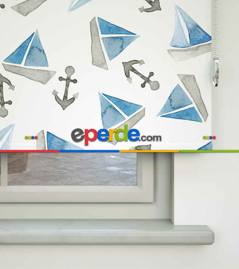 Bebek Odası Stor Perde - Yelkenli Baskılı Stor Perde- Mavi-Gri-Füme-Antrasit-Beyaz