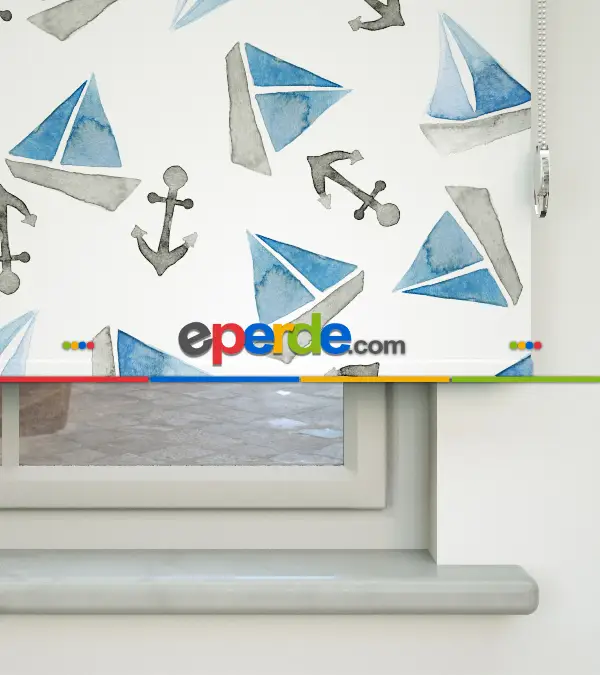 Bebek Odası Stor Perde - Yelkenli Baskılı Stor Perde- Mavi-Gri-Füme-Antrasit-Beyaz