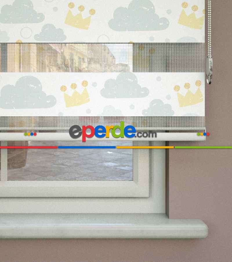 Bulut Desenli Baskılı Zebra Perde- Çok Renkli