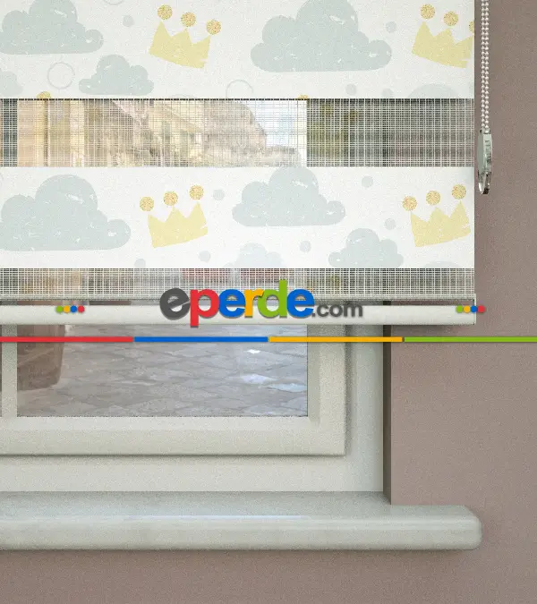 Bulut Desenli Baskılı Zebra Perde- Çok Renkli