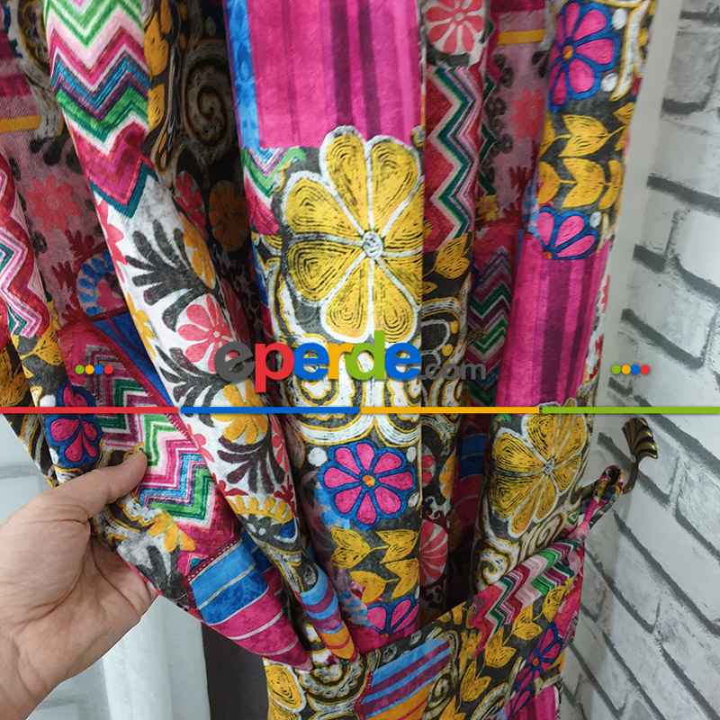 Etnik Fuşya Desenli Fon Perde Perde4103-1 Kumaşı Kalındır Duck Bezi Değildir- Sarı-Fuşya- Çok Renkli 2